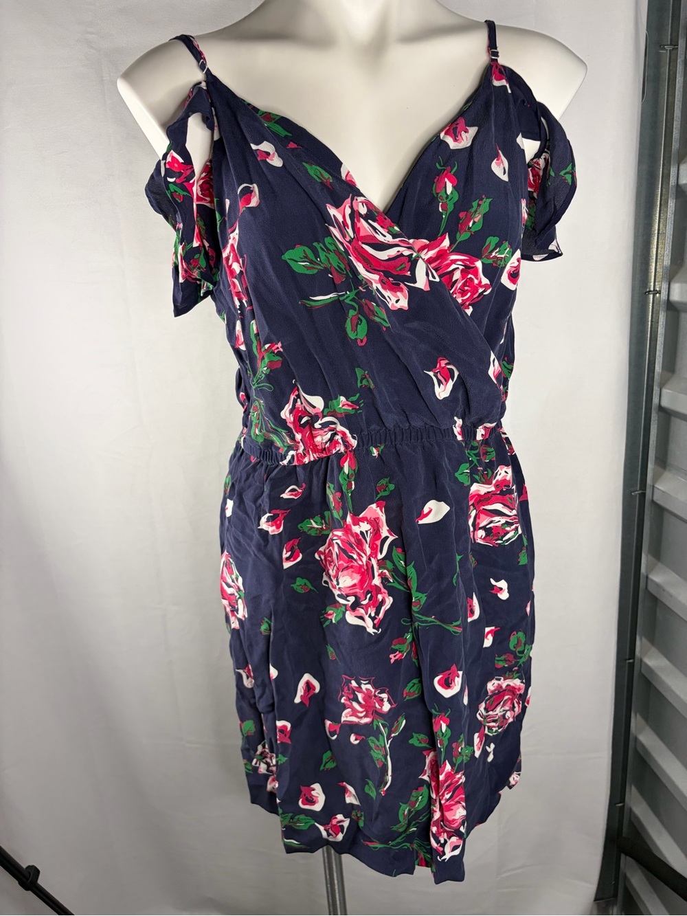 Joie Navy Cold-Shoulder Mini Dress with Pink Rose Print